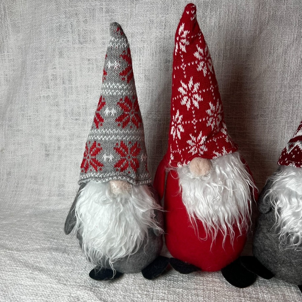 Set of 3 Christmas Gnomes‎ Stuffed Standing Holiday Nordic Red Gray 13.5"-14.5"H - Picture 2 of 5